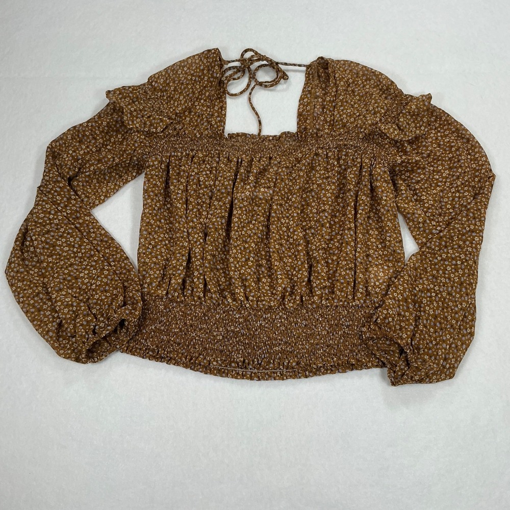Mustard Seed Brown Floral Smocked Waist Blouse Square Neck S17155PAW Small